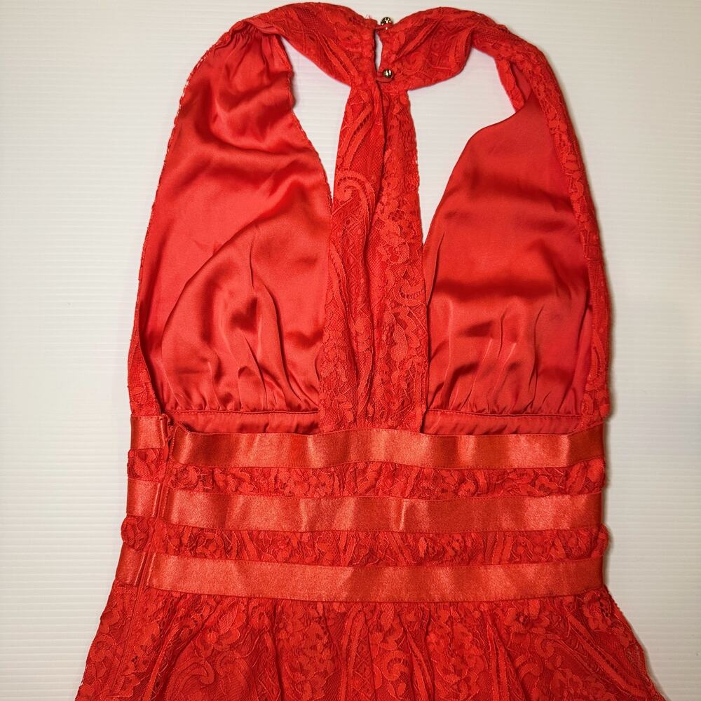 Bebe Lace Halter Peplum Top Poppy Red Women’s Small Plunge Satin Waist Y2K Party - Picture 16 of 16